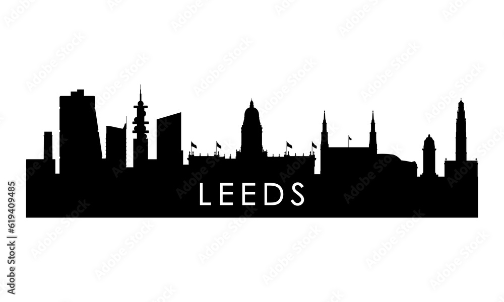 Leeds skyline silhouette. Black Leeds city design isolated on white background.