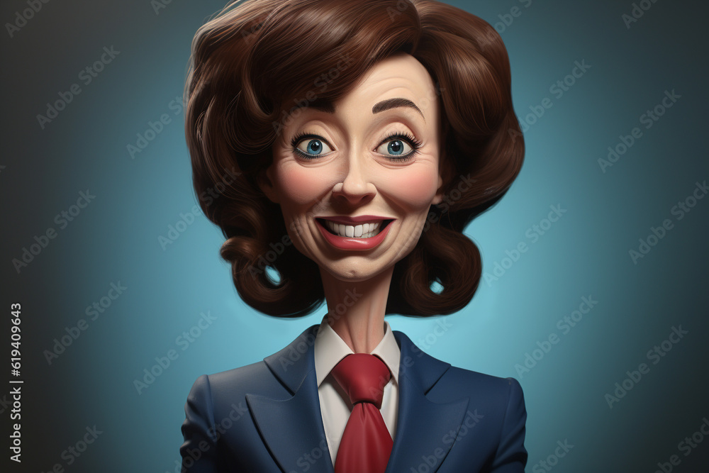 Caricature of a politician type figure, mature woman, cartoon, extreme portraits, facial feature, isolated