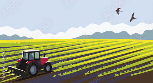 Agriculture landscape with tractor. Cultivating field