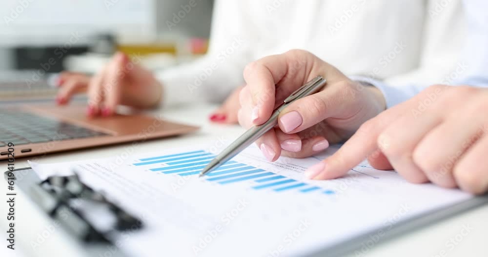Woman examining chart on document at meeting 4k movie. Business education concept Woman examining chart on document at meeting 4k movie. Business education concept