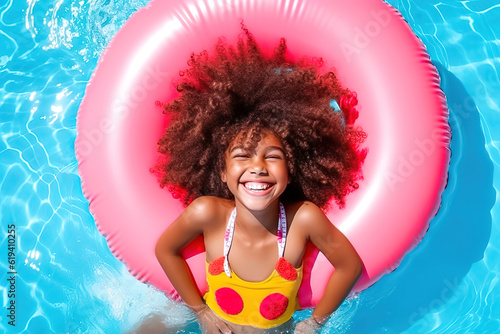 black overjoyed laughing smiling exited child in swimming pool floating on swimming ring, Little girl having fun on family summer vacation in tropical hotel resort, tourism, generative ai.