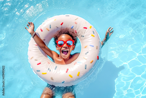black overjoyed laughing smiling exited child in swimming pool floating on swimming ring, Little boy in sunglasses having fun on family summer vacation in tropicalresort, tourism, generative ai.