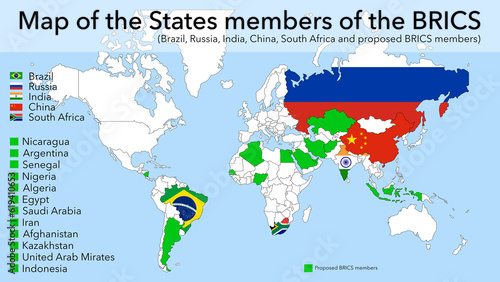 Map of the BRICS member states Brazil, Russia, India, China, South Africa, and Future Member Countries