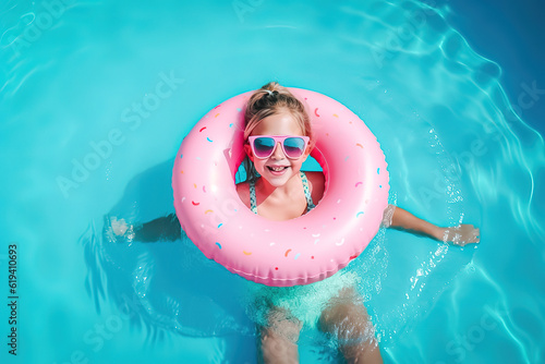 overjoyed laughing smiling exited child in swimming pool floating on swimming ring, Little girl having fun on family summer vacation in tropical hotel resort, tourism, generative ai.