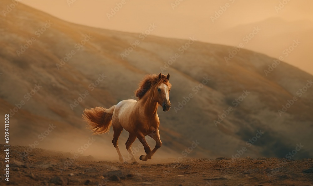  a horse running on a dirt field in front of a mountain.  generative ai