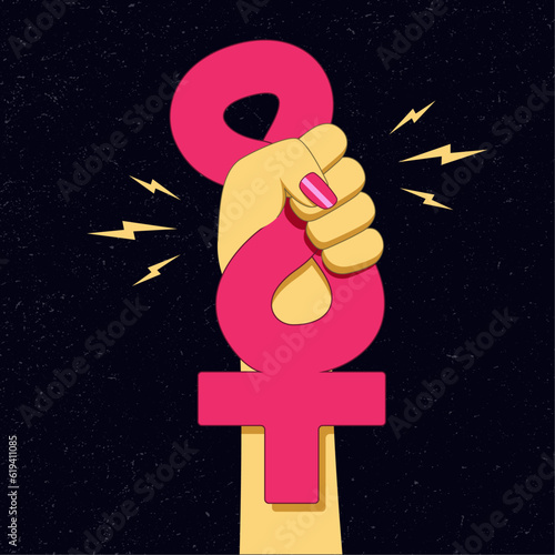The female symbol is clenched in a female hand.