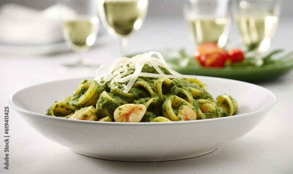  a bowl of pasta with pesto sauce and cheese on top.  generative ai