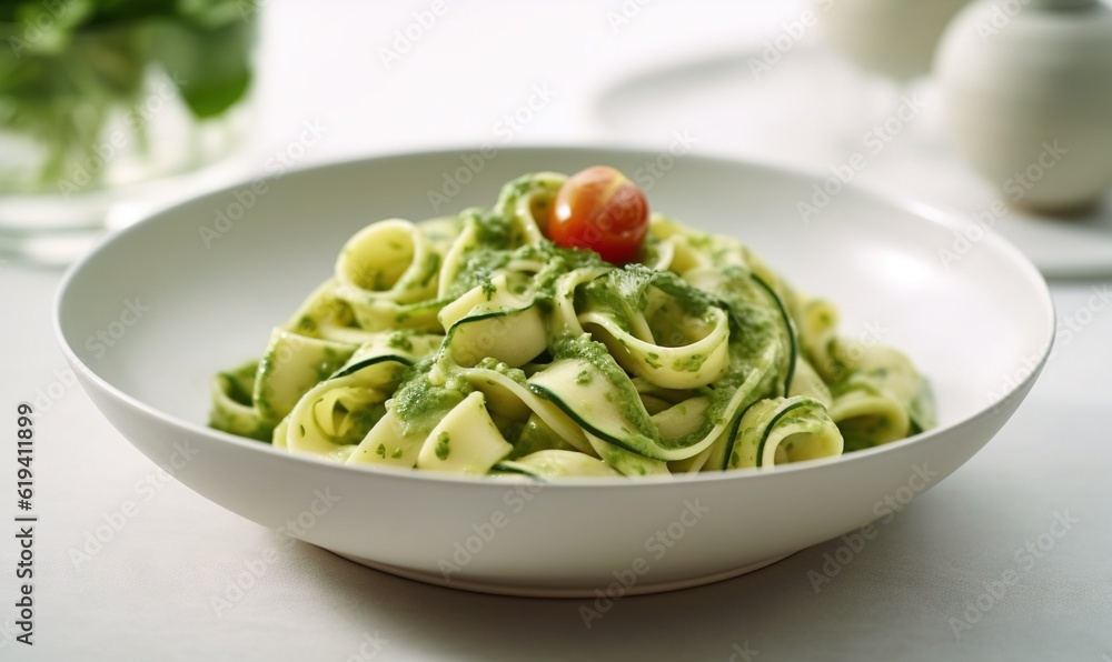  a bowl of pasta with pesto and a cherry on top.  generative ai