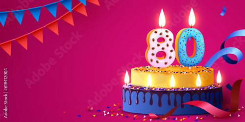 80 years anniversary. Cake with burning candles and confetti. Birthday banner. Vector illustration