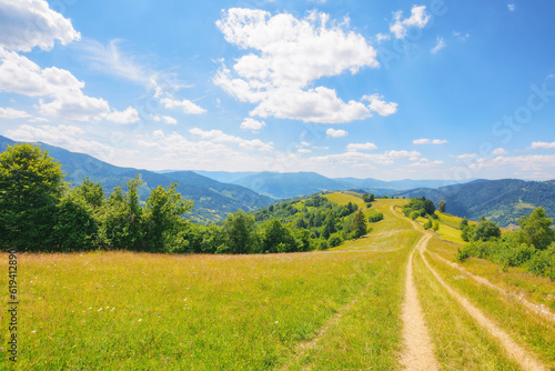 country road down the hills and meadows rolling in to the distant valley. mountainous countryside landscape of ukrainian carpathians in summer