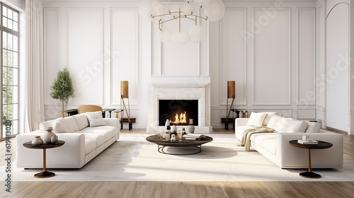 modern large living room interior with white empty wall with hardwood floors, fluffy rug and designer furniture, Generative AI