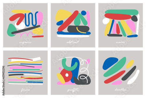 Colorful organic forms. Hand drawn simple shapes. flat vector shapes collection influenced by Naive art and graffiti. Abstract backgrounds for poster, card, cover, packaging, banner or branding.