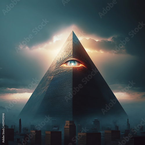 All-seeing eye at the top of the pyramid. The concept of control over people. Generative AI.