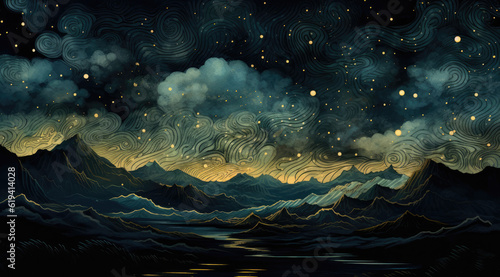  dreamy night sky with the moon in the sky, in the style of dark gold and teal, detailed comic book art, wilderness, tumblewave, whistlerian, painted illustrations, arts and crafts movemeAI Generative photo