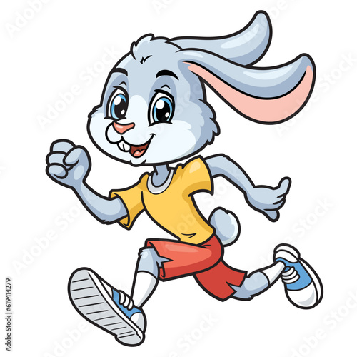 Smiling athlete rabbit running on white background