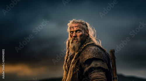 Portrait powerful Viking conqueror. Generative AI.