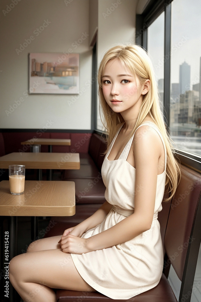 A young blonde girl is sitting alone in a cafe. Generative AI A young blonde girl is sitting alone in a cafe. Generative AI
