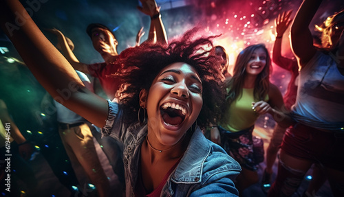 Happy millennial friends from diverse cultures and races having fun at a music party. Youth and friendship concept - Young multiracial people smiling - Main focus on center faces
