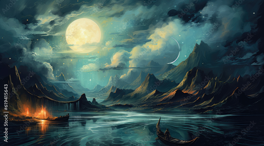 Night sky with a moon, in the style of jon foster, sublime wilderness, light teal and dark gold, grandiose landscapes, cabincore, richly detailed genre paintings, mountainous vistas AI Generative - obrazy, fototapety, plakaty 