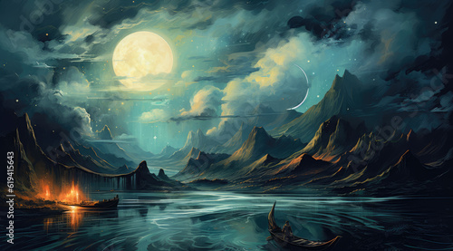 Night sky with a moon, in the style of jon foster, sublime wilderness, light teal and dark gold, grandiose landscapes, cabincore, richly detailed genre paintings, mountainous vistas AI Generative