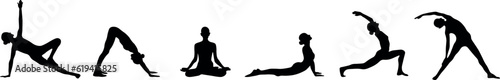 set of silhouettes of people girls women do yoga, set of yoga poses silhouettes, fitness, sports people