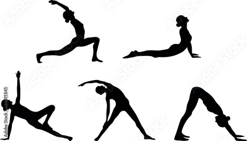 set of silhouettes of people girls women do yoga, set of yoga poses silhouettes, fitness, sports people