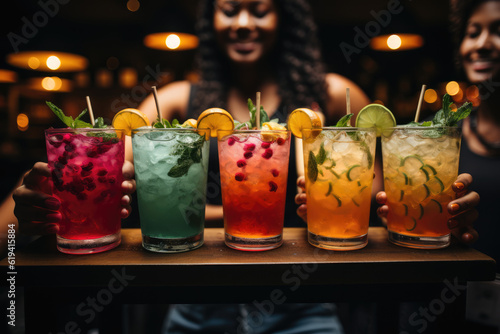 Cheers to Friendship: Multiple Ladies Pointing to Glasses of Alcohol, Toasting Cocktails at a Vibrant Bar in a moment of Celebration 