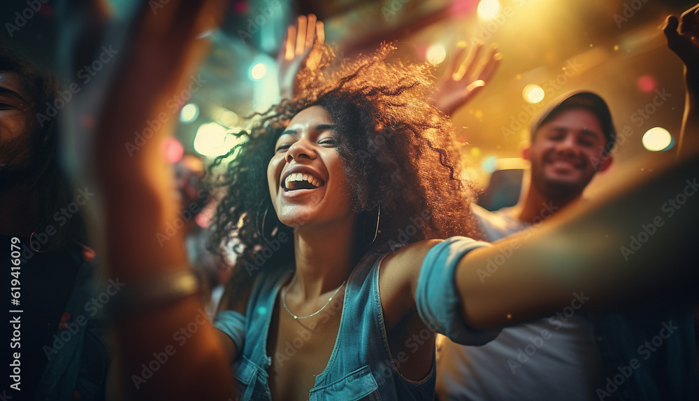 Happy millennial friends from diverse cultures and races having fun at a music party. Youth and friendship concept - Young multiracial people smiling - Main focus on center faces Happy millennial friends from diverse cultures and races having fun at a music party. Youth and friendship concept - Young multiracial people smiling - Main focus on center faces
