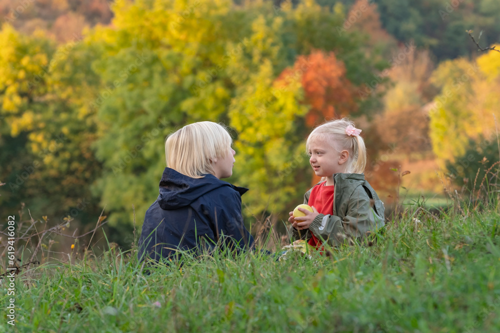 Blond boy and girl sit on grass and eat apples. Little siblings resting in nature. Children on picnic on autumn day.