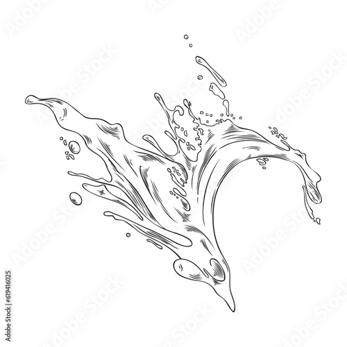 Hand drawn monochrome water or beverage splash sketch style