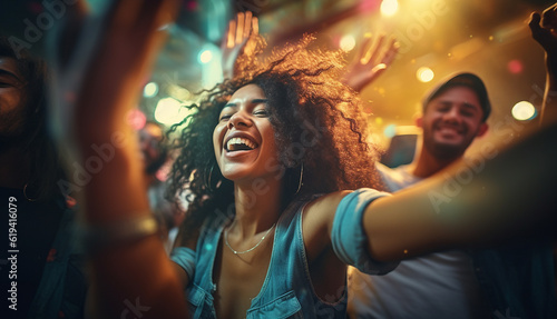 Happy millennial friends from diverse cultures and races having fun at a music party. Youth and friendship concept - Young multiracial people smiling - Main focus on center faces