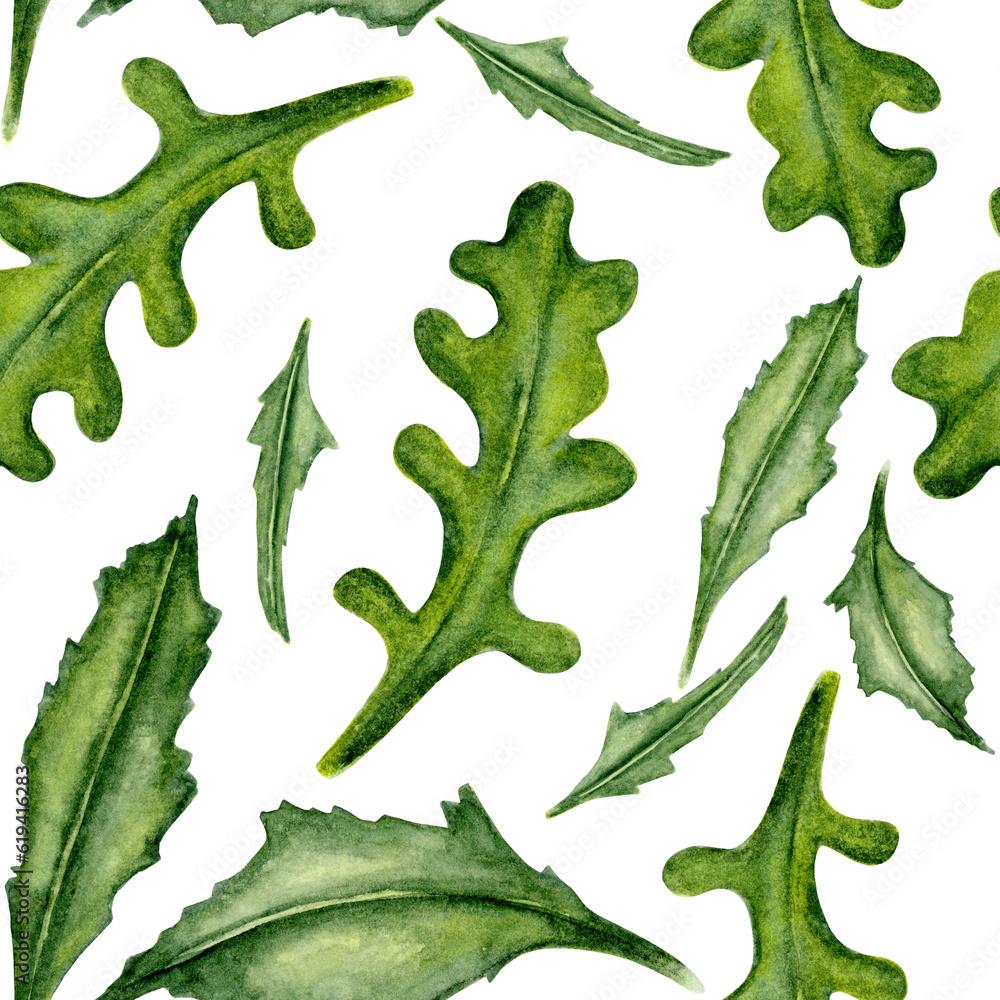 Naklejka premium Various Green Leaves Seamless Pattern. Watercolor in wet in wet. African daisy leaves. Hand-drawn botanical illustration for wallpaper, banner, textile, postcard or wrapping paper