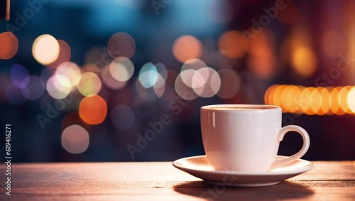 Hot steaming coffee. Exterior terrace at night. Fresh delicious hot drink. Tea mug with no one around. Beautiful summer atmosphere. No people. Urban setting. Relaxing and chill place. Business dining