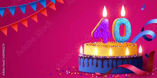 40 years anniversary. Cake with burning candles and confetti. Birthday banner.