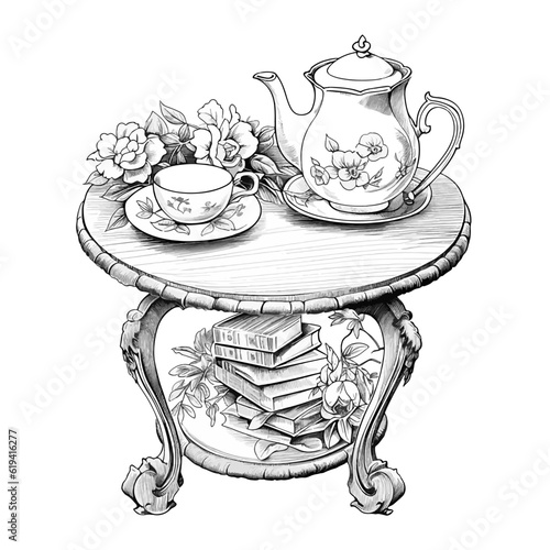 A cup of tea or coffee teapot, books, flowers on tablecloth, wooden table. Doodle cottagecore isolated illustration. For coloring book pages.