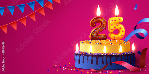 25 years anniversary. Cake with burning candles and confetti. Birthday banner.