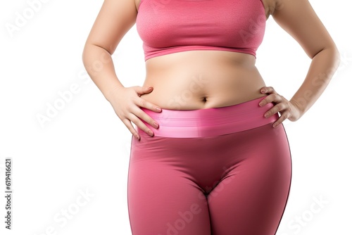 Fat female fitness. Transforming body, health and lifestyle through weight loss, exercise and healthy living in sportswear on white background