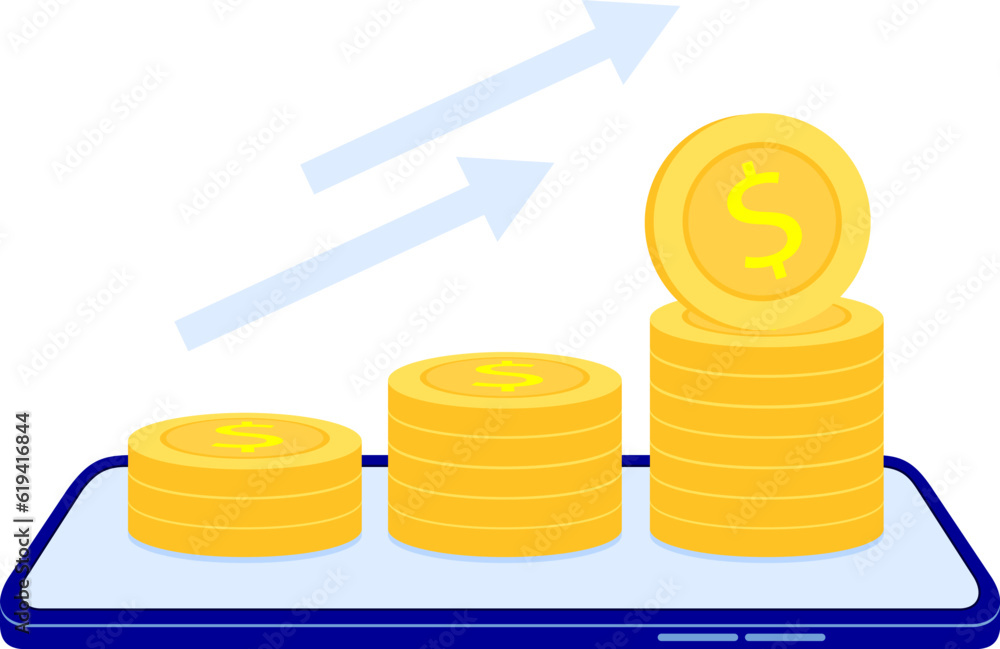 Stack of coins on smart phone. Business and money saving and technology concept. Online shopping, illustration.