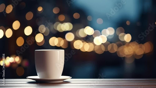 Mug of coffee outside. Cozy hot drink steaming outside on a terrace. Chill beautiful evening. Relaxing with a hot beverage, Fresh steaming tea on a wooden table. Beautiful bokeh light in background.