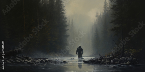 Bigfoot crossing a creek river in a North American forest wilderness. Oil painting art. Generative AI illustration © JoelMasson