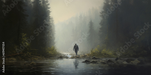 Bigfoot crossing a creek river in a North American forest wilderness. Oil painting art. Generative AI illustration