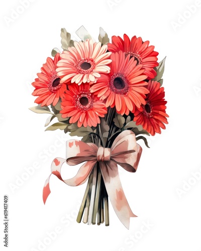 Bouquet of red gerbera flowers tied with elegant ribbon on white background in watercolor style. Generative AI.