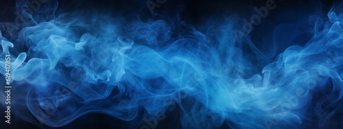 Abstract blue colored smoke texture, isolated on black background banner wide Generative Ai