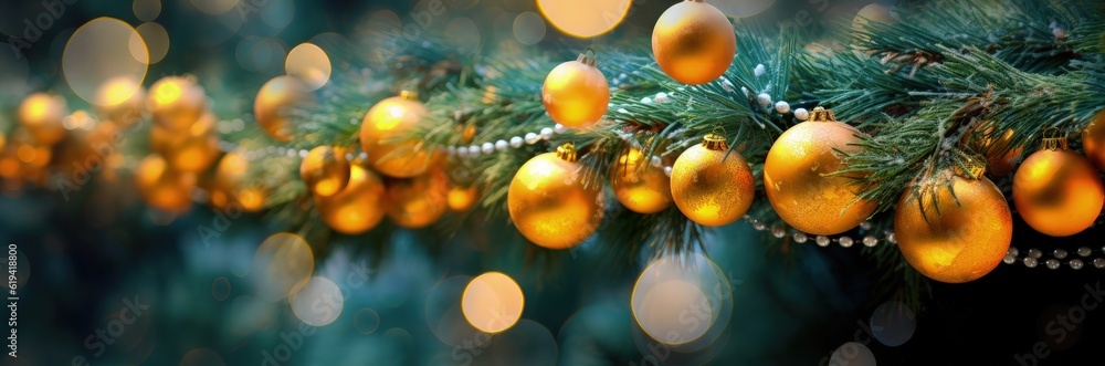 Balls hanging on pine branches, christmas decoration, bokeh background. Generative AI