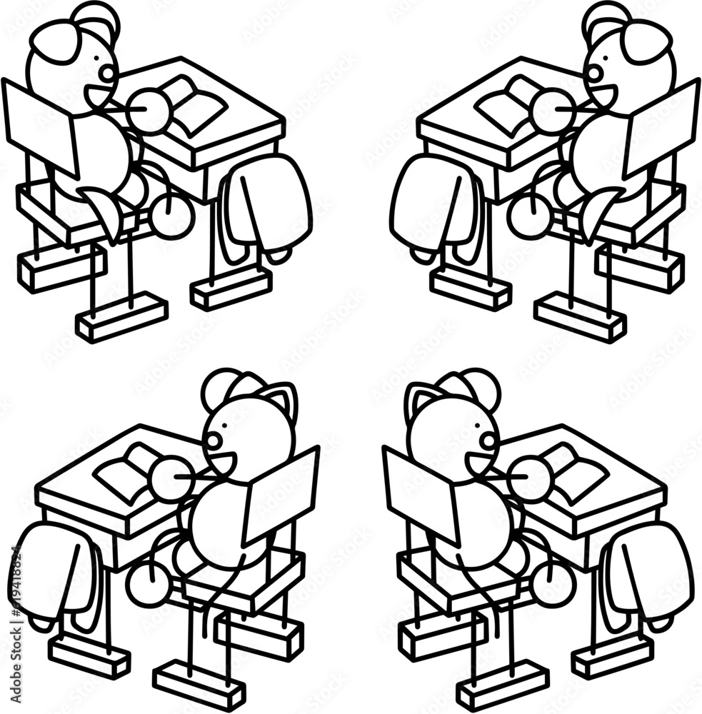 Fototapeta premium 挙手をするわんまるとにゃんまるの線画セット 犬 猫