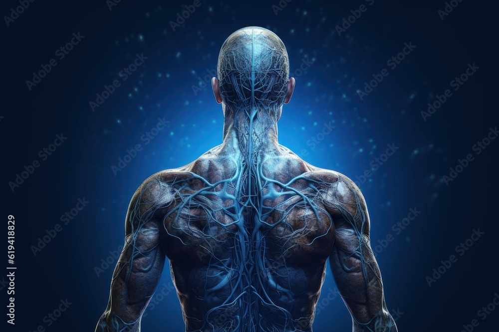 Cyborg, AI and technology concept, robot on dark blue background. Generative AI