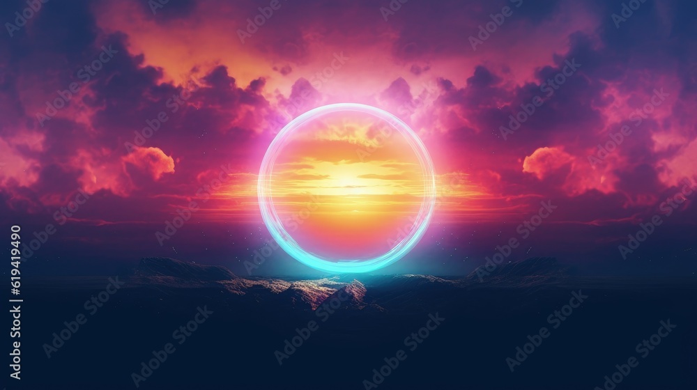 Landscape with sunset and gradient circle, digital illustration. Generative AI