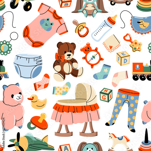 Baby supplies seamless pattern. Cartoon nursery accessories, repeated kids objects, toys and diapers, sliders and cradle. Kids clothes decor textile, wrapping paper, tidy vector background