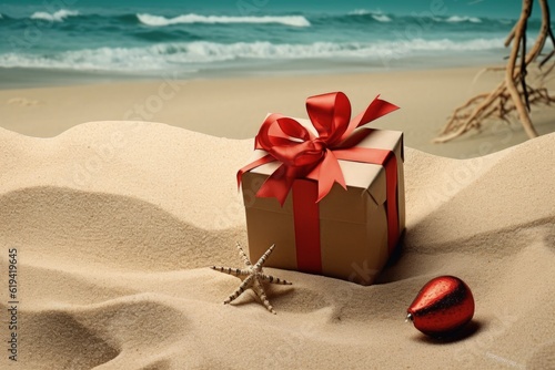 Gift box with starfish on the beach, christmas holiday concept. Generative AI