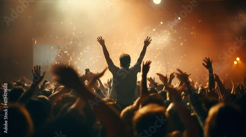 A crowded concert hall with scene stage in red lights, rock show performance, with people silhouette, colourful confetti explosion fired on dance floor air during a concert festival © PHdJ